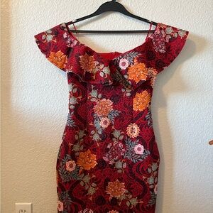 Guess Red and Orange Floral Midi Dress